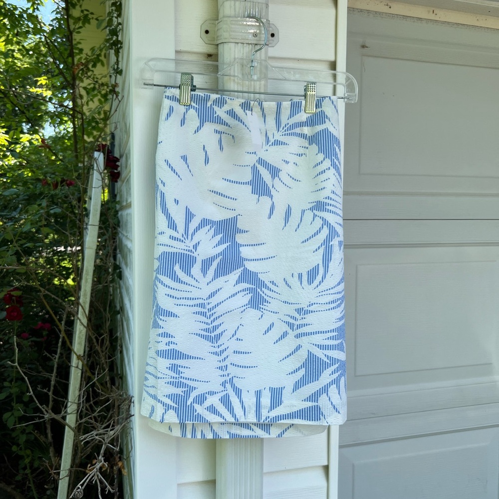 NWT Talbots Pretty Blue Creamy WhiteLeaves Seersucker Above Knee Lined Skirt 16W